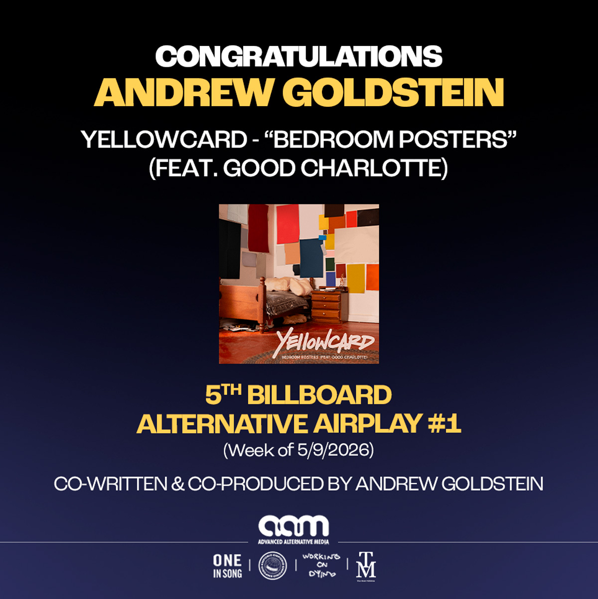 FIVE #1’s FOR ANDREW GOLDSTEIN ON BILLBOARD ALTERNATIVE AIRPLAY!